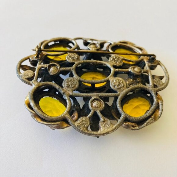 Vintage Czech Glass Art Nouveau Huge Faux Citrine Crystal Brooch - Picture 5 of 5
